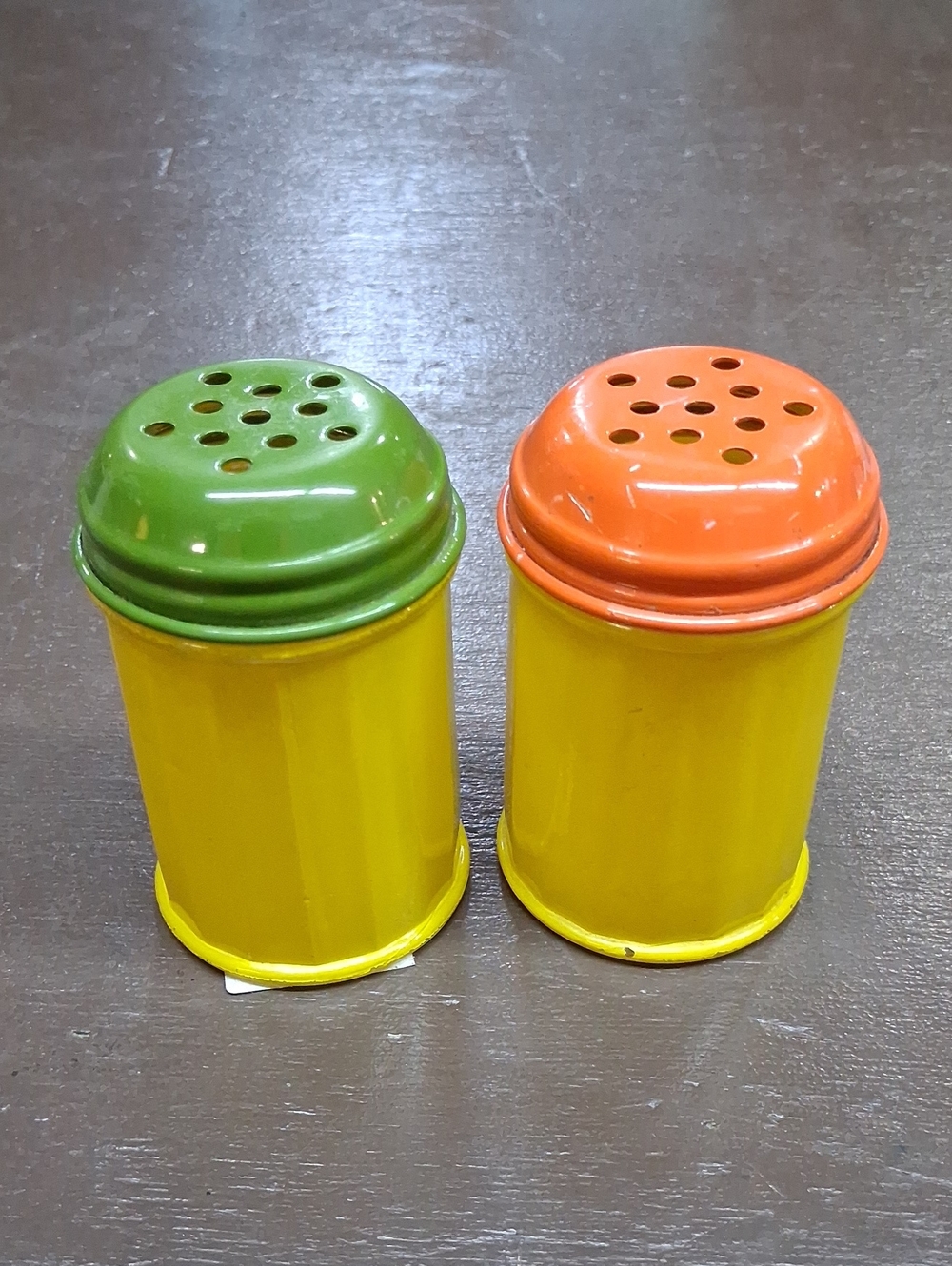 Vintage Gemco yellow glass‎ containers featuring colored enamel metal lids